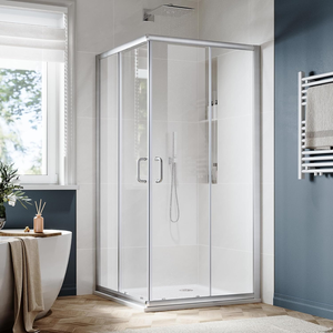 Cabine <span class=keywords><strong>de</strong></span> <span class=keywords><strong>douche</strong></span> d'angle coulissante avec cadre, verre transparent et finition nickel brossé, gain <span class=keywords><strong>de</strong></span> place pour salle <span class=keywords><strong>de</strong></span> bain - Product Image 1