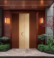 Porte d'entrée de luxe en aluminium moulé, style moderne et contemporain, avec panneau prune et accents dorés en filigrane, double porte d'entrée de luxe sur mesure