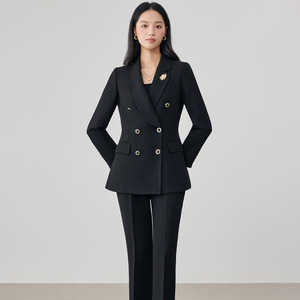 Women's Lake Blue Suit Set Double Breasted Jacket Pants Anti-Wrinkle Formal Wear For Commute - Product Image 2