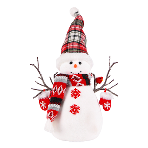 Rustic Plaid Trapper Hat Snowman Figure with Two <b>Perched</b> Red <b>Birds</b> for Woodland Holiday Decor New - Product Image 1