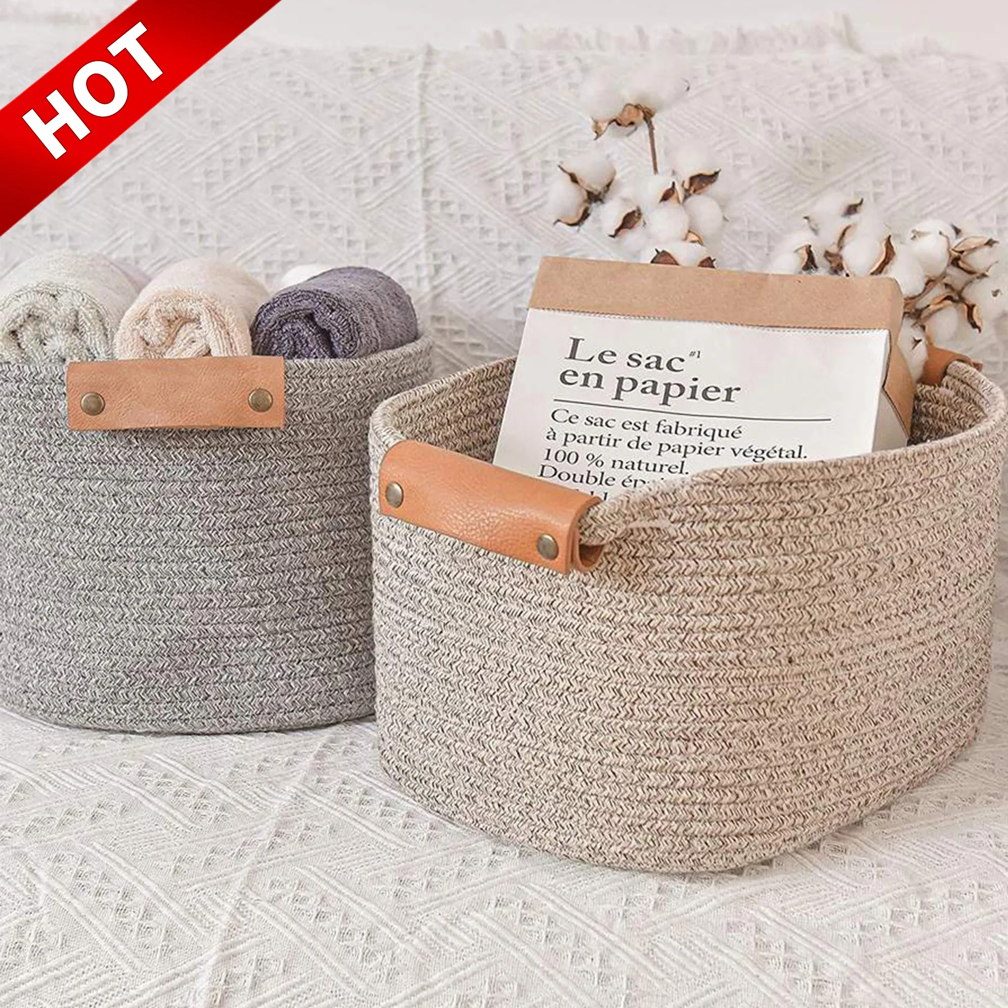 Индивидуальные брендовые круглые игрушки, декоративные контейнеры для одежды, Тканые вручную хлопчатобумажные веревки, корзина для хранения белья с кожаными ручками