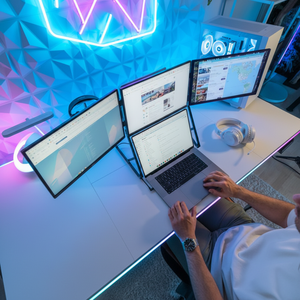 จอภาพพกพาแบบสามจอขนาด 15.6 นิ้ว น้ำหนักเบาและบางเฉียบ ใช้สายเคเบิลเพียงเส้นเดียวสำหรับ 3 จอภาพ ความละเอียด 1080P แบบเสียบแล้วใช้งานได้ทันที รองรับ Windows / Mac - Product Image 1