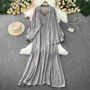 Ensemble deux pièces décontracté pour femme : chemise ample à manches longues et robe à bretelles amincissante pour l'été - Product Image 2