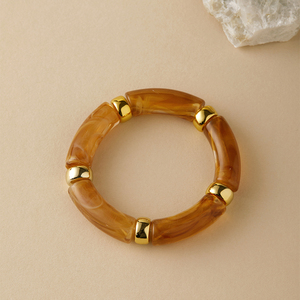 Pulsera Elástica de Cuentas Acrílicas Estilo Boho para Mujer - Forma de Tubo Curvo, Detalle Dorado, Brazalete Elástico para Uso Diario y Vacaciones - Product Image 5