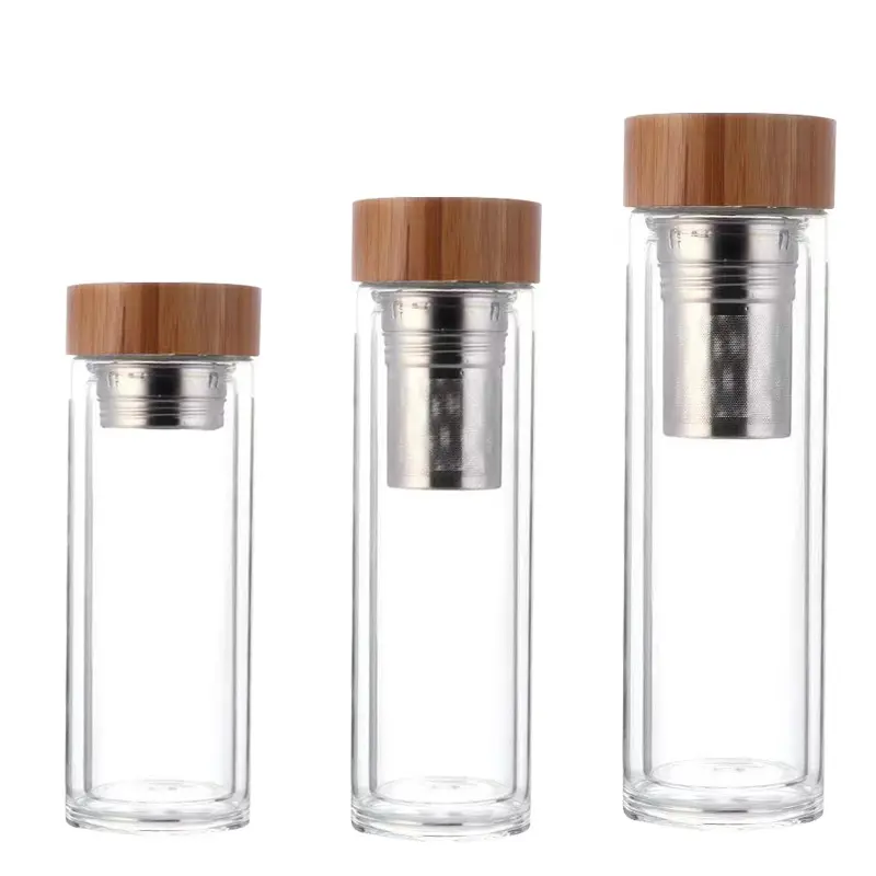 Double Wall Glass Water Bottle 450ml Bamboo Lid Drinking Glass with Tea Strainer