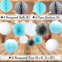 Kit de décoration pour baby shower garçon : guirlande de ballons bleus et gris, lanternes en papier, boules en nid d'abeille, éventails, bannière éléphant