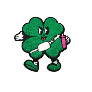 Custom St Patricks Day Lucky Four-Leaf Clover Embroidery Chenille Patch for Clothing