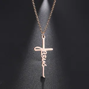 Stainless Steel 18 18k Gold Plated Jesus Cross Christ Necklace Male Dainty Cross Faith Strength Pendant Necklace Hope Cross Pendant