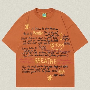 Camiseta Gráfica Oversize Holgada con Texto Escrito a Mano 'Stop Thinking BREATHE', Multicolor, Casual, Unisex, Manga Corta, 220 Gramos - Product Image 2