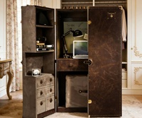 Gabinete de tocador estilo baúl vintage de lujo italiano con espejo abatible y taburete a juego, elegante gabinete de tocador para dormitorio