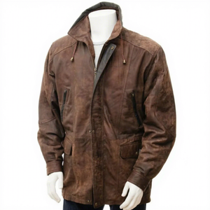 Chaqueta Parka de Cuero Marrón Auténtico para Hombre, con Capucha, Abrigo Cálido de Invierno, Cortavientos de Piel de Vacuno de Longitud Media, Bolsillos Cargo, Estilo Clásico Personalizado - Product Image 1