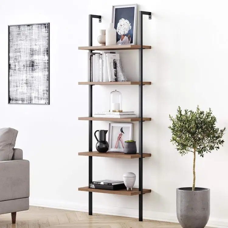 Moderne Nordic 5 Tier Muurmontage Boekenplank Houten Metalen Hangende Zwevende Ladder Boekenkast