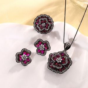 High Quality Eco-friendly Copper Micro Pave Red Zircon Black Gold Plated Clover Bridal Jewelry <b>Set</b> for Women Party Wear - Product Image 1