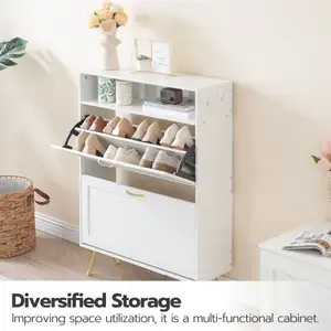 Wholesale Modern Narrow Entryway Shoe Rack Cabinet Freestanding Filp Open Wooden Slim Shoe Organizer Storage With 2 Flip Drawers