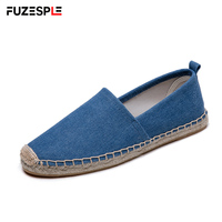 Sepatu Loafer Wanita Musim Panas Abu-abu Muda, Ujung Tertutup, Bahan Kanvas Lembut, Model Slip On, Tepi Anyaman Jute, Espadrilles Nyaman