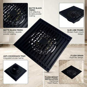 Grille de drain de sol carrée noire mate anti-colmatage en laiton pour salle de bain et douche - Product Image 6