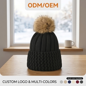 Bonnet en tricot avec pompon en fausse fourrure, chaud et épais, pour <span class=keywords><strong>femme</strong></span>, idéal pour l'hiver et le <span class=keywords><strong>ski</strong></span>, fournisseur de bonnets thermiques. - Product Image 1
