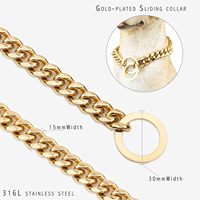 Collier ras du cou pour chien en acier inoxydable doré/argenté de 15 mm, style hip-hop, maillons cubains, pour grands et moyens chiens, Pitbull, Bulldog, entraînement