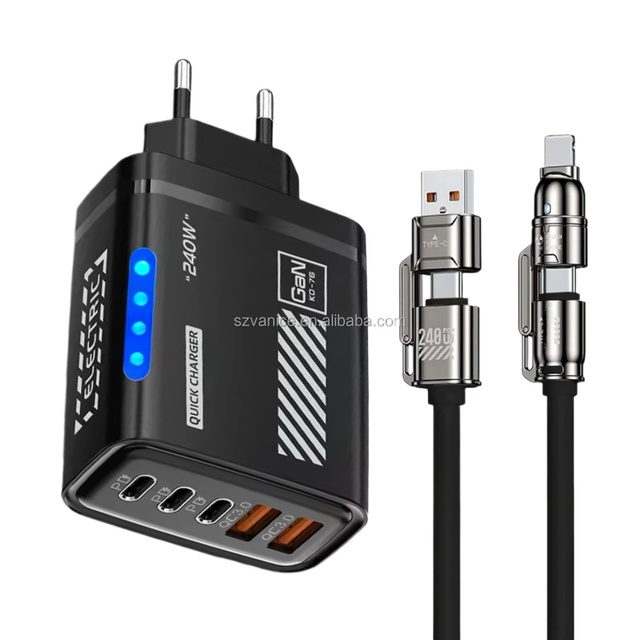 240W USB-C GaN Fast Charger With LED Light 5 in 1 2 USB+3 Type C 240W Multi Port Quick Charge Mobile Phone Charging Adapter