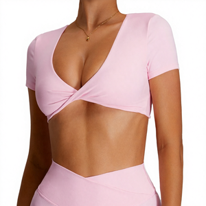 Nouveau crop top populaire à col en V, dos nu, sans coutures, en Spandex/Nylon, avec impression par transfert thermique, à manches courtes, pour la course, le sport et les activités de plein air - Product Image 3