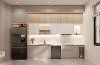 Lemari Dapur Kayu Solid Premium Mewah yang Dipasang di Dinding dengan Laci Geser, Engsel, dan Keran untuk Interior Rumah Modern
