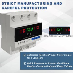 Commutateur de transfert automatique réglable 4P 63A 100A ATS avec protection contre les surtensions et les sous-tensions, protection contre les surintensités et sélecteur de phase - Product Image 4