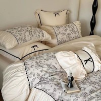 Ensemble de literie 6 pièces en polyester noir et blanc imprimé avec dentelle et nœuds, comprenant housse de couette, drap plat et drap-housse