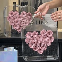 D123 hadiah mawar bunga diawetkan, hadiah Natal mawar bentuk hati 3D segar dalam kotak cermin hadiah ulang tahun untuk wanita