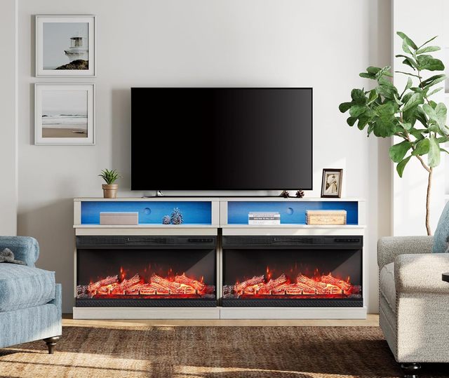 TV Stand for Living Room, Entertainment Center for 85 Inch TV, Tall TV Console with Blue Light, Antique White