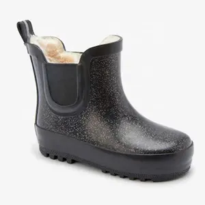 New Collection warm faux fur inside kids rain boot cute short ankle rain boots with glitters