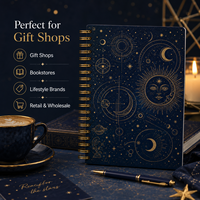 Carnet spirale personnalisé motif céleste bleu marine avec feuille d'or soleil lune étoile, conception sur mesure OEM ODM, commande en gros, usine
