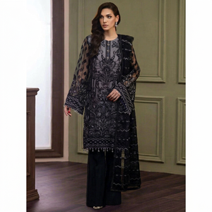 Ensemble Salwar traditionnel noir brodé avec dupatta, coupe ample longue jusqu'au sol, tenue indienne et pakistanaise pour femmes - Product Image 1
