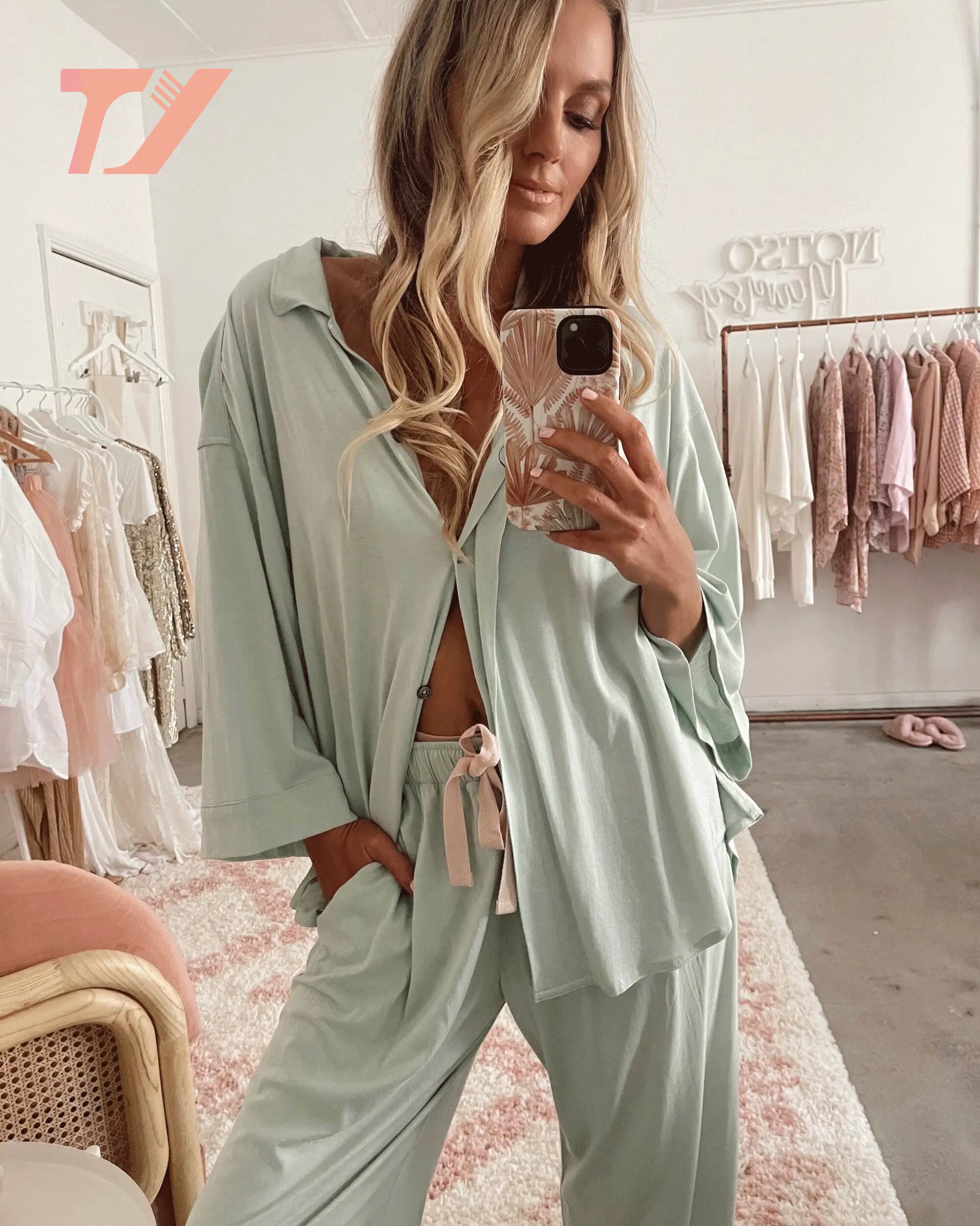 TUOYI New Design Luxus Baumwolle Pyjama Damen Nachtwäsche 2 Stück All Over Print Baumwolle Pyjama Set für Frauen