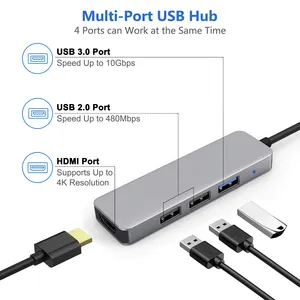Pembaca usb multifungsi, hub usb 4 in 1 hub USB c 4 port usb 2.0, usb 2024, HDM untuk comperhial komputer 3.0