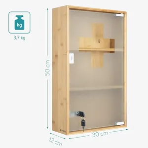 Armoire à médicaments murale en bambou naturel à 3 niveaux avec serrure et porte en verre de sécurité - Product Image 4