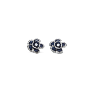 Fashion <b>Stud</b> <b>Earrings</b> 316L Stainless Steel PVD Gold Plating Sustainable Resistant Dark <b>Blue</b> Flower Design With Pearl Center - Product Image 2