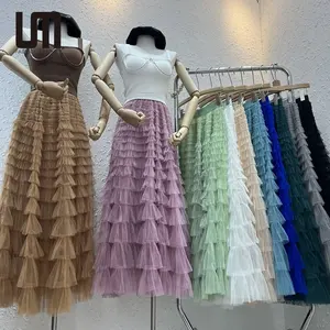 Liu Ming Hot Selling New Arrivals 2024 Women Clothing Casual High Waist Ruffled Mesh A Line Long Skirts