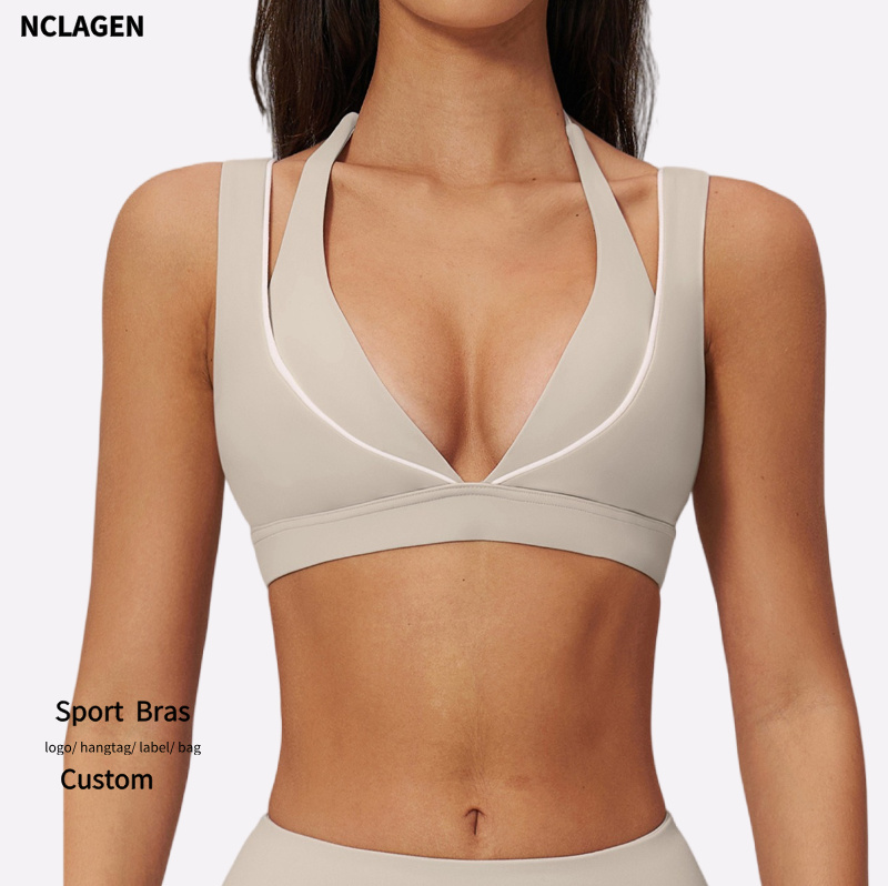 Women Gym Athletic Deep V-neck Halter Double Layer Sports Bra Backless Color Blocking Bras Training Pilates Yoga Underwear