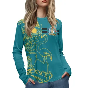 Großhandel Damen lässiges langärmeliges T-Shirt individuelles türkis Bahamas Flaggen-Design Damenblusen Sublimationsdruck-Tops