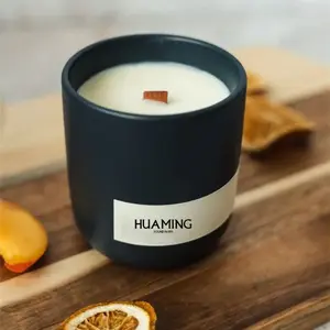 Huaming Customizad Wedding Lightly Floral Scent Ceramic Porcelain Lid Wood Wick New Year Candles Scented Luxury Soya Wax Candle
