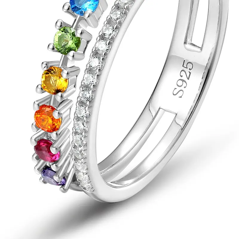 Commercio all'ingrosso di alta qualità personalizzato Fine Jewelry arcobaleno Zirconia 7 # anello a fascia donna 925 argento colorato CZ anelli