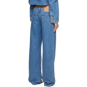 Custom Low Rise Baggy Fit 100% Cotton Non-Stretch Denim Jeans <b>Women</b> Blue Faded Wide Leg Jeans - Product Image 2
