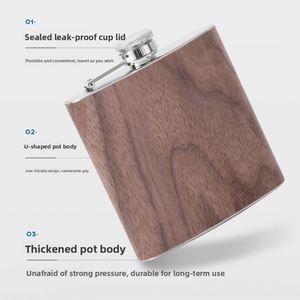 Custom Logo 6oz Stainless Steel Hip Flask Wood Grain <b>Wrap</b> Whiskey Bottle Portable Metal Pocket Liquor Flask for Business Gift - Product Image 4