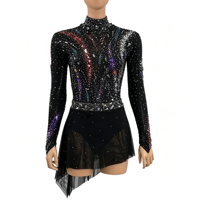 Costume de patinage artistique pour enfants et adultes, robe noire à col haut et manches longues en maille avec strass étincelants pour compétition et spectacle sur scène