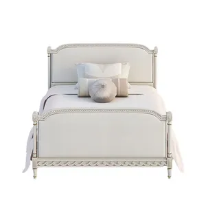 美国复古旧白色实木床法国橡木雕刻1.5米单人床卧室1.8米软婚床定制