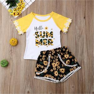 Hola verano bebé niña traje niños girasol carta impresión Set de 2 piezas para 1-6T - Product Image 1