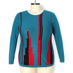 Lässige Plus Size Pullover Damen Intarsia Strick pullover Rundhals ausschnitt Kontrast Farbmuster Gestrickt Plus Size Damen pullover