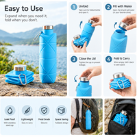 Bouteille d'eau pliable en silicone réutilisable, bouteille de sport pliable avec bouchon en acier inoxydable pour les voyages en plein air, le camping, OEM ODM