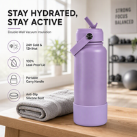 Bouteille d'eau isotherme en acier inoxydable avec logo personnalisé, 18 oz et 32 oz, pour la gym et le sport, avec fond en silicone et paille rabattable