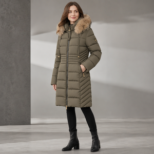 Veste d'hiver matelassée mi-longue pour femme, avec capuche en fourrure, coupe ajustée, couleur olive, parka matelassée coupe-vent, vêtements d'extérieur - Product Image 2